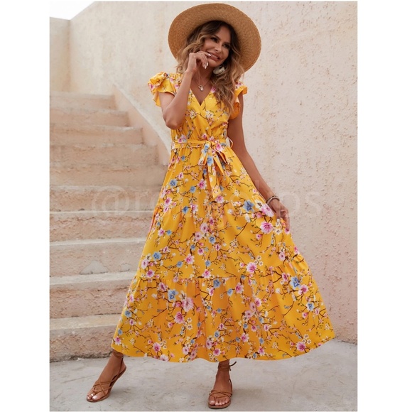 Floral Dress Surplice Overlapping V Neck Fit & Flare Maxi Long Yellow Tie Belt - Picture 7 of 8